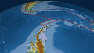 Shetland tektonik plakası dünyaya çizilmiş. Topoğrafik yardım haritası. 3B görüntüleme