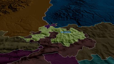 Basel-Landschaft - İsviçre kantonu yakınlaştırıldı ve sermaye ile vurgulandı. İdari bölümün renkli ve çarpık haritası. 3B görüntüleme