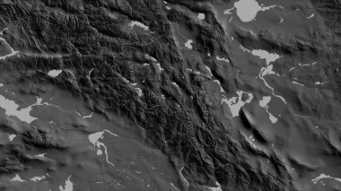 Bayan Olgiy, Moğolistan ili. Gölleri ve nehirleri olan gri tonlu bir harita. Ülke alanına göre şekillendirilmiş. 3B görüntüleme