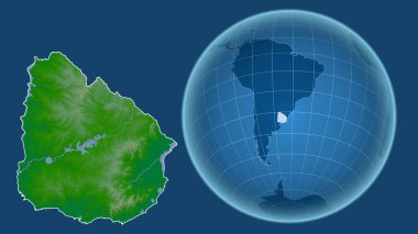 Uruguay. Yakınlaştırılmış haritaya karşı ülkenin şekline sahip dünya mavi arka planda izole edilmiş. renk fiziksel haritası