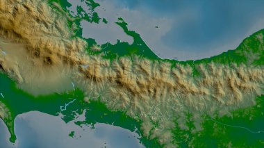 Ngobe Bugle, Panama 'nın yerli bölgesi. Gölleri ve nehirleri olan renkli gölge verileri. Ülke alanına göre şekillendirilmiş. 3B görüntüleme