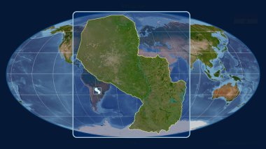 Mollweide projeksiyonundaki küresel bir haritaya karşı Paraguay 'ın perspektif çizgileri ile yakınlaştırılmış görüntüsü. Şekil merkezli. Uydu görüntüleri