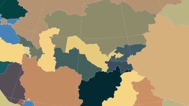 Özbekistan ve mahallesi. Uzak eğimli perspektif - özet yok. idari bölümlerin renk haritası