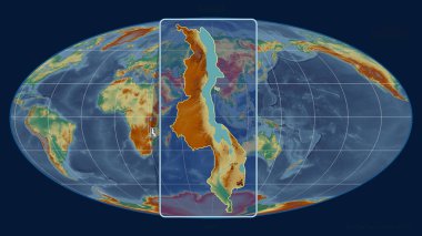 Mollweide projeksiyonundaki küresel bir haritaya karşı perspektif çizgileriyle Malawi ana hatlarına yakınlaştırılmış görünüm. Şekil merkezli. topografik yardım haritası