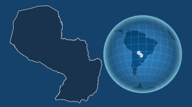 Paraguay. Yakınlaştırılmış haritaya karşı ülkenin şekline sahip dünya mavi arka planda izole edilmiş. Sadece şekiller - kara / okyanus maskesi