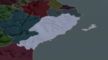 Sfax - Tunus Valiliği yakınlaştırıldı ve altı çizildi. İdari bölümün renkli ve çarpık haritası. 3B görüntüleme