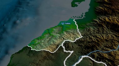 Tumbes - Peru bölgesi yakınlaştırıldı ve sermaye ile vurgulandı. Ana fiziksel manzara özellikleri. 3B görüntüleme