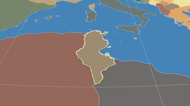 Tunus ve mahallesi. Uzak eğimli perspektif - şekil çizilmiş. idari bölümlerin renk haritası