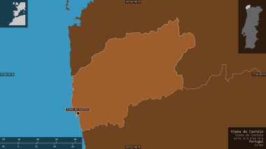 Viana do Castelo, Portekiz bölgesi. Gölleri ve nehirleri olan katı yapılar. Ülke alanına karşı bilgilendirici örtülerle sunulan şekil. 3B görüntüleme