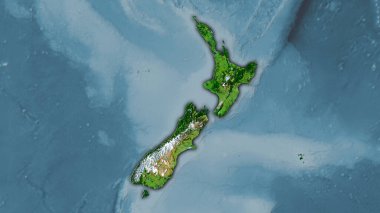 Yeni Zelanda bölgesindeki uydu görüntüleri. Efsanevi stereografik projeksiyonla birlikte. Koyu parlak dış hatlı raster tabakalarının ham bileşimi.