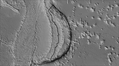 Van der Grinten I projeksiyonundaki (eğik dönüşüm) gri tonlu haritada Mariana tektonik plakası ve bitişik plakaların sınırları)