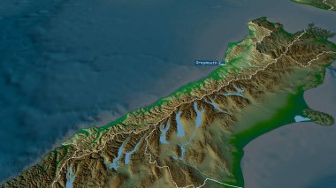 Batı Yakası - Yeni Zelanda bölgesel konseyi büyümüş ve sermaye ile vurgulanmış. Ana fiziksel manzara özellikleri. 3B görüntüleme