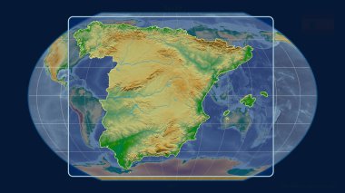 İspanya 'nın, Kavrayskiy projeksiyonundaki küresel haritaya karşı perspektif çizgileriyle yakınlaştırılmış görüntüsü. Şekil merkezli. renk fiziksel haritası
