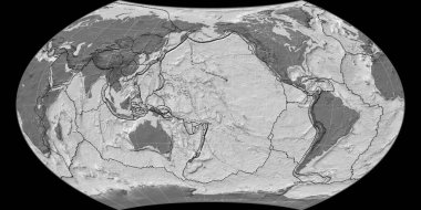 Wagner VIII projeksiyonundaki dünya haritası 170 Batı boylamı üzerine kuruludur. Çift seviyeli topografik harita - gratikül ve tektonik levhalar kenarlı raster bileşimi. 3B illüstrasyon