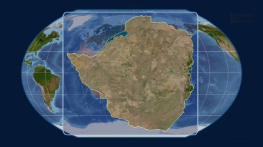 Zoomed-in view of Zimbabwe outline with perspective lines against a global map in the Kavrayskiy projection. Shape centered. satellite imagery clipart
