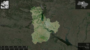 Kiev, region of Ukraine. Satellite imagery. Shape presented against its country area with informative overlays. 3D rendering clipart