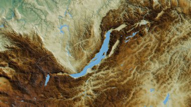 Buryat, Rusya Cumhuriyeti. Göller ve nehirlerle renkli rahatlama. Ülke alanına göre şekillendirilmiş. 3B görüntüleme