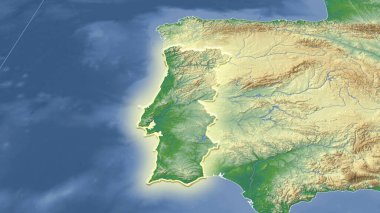 Portekiz ve komşuları. Uzak eğimli perspektif - şekil parlıyordu. renk fiziksel haritası