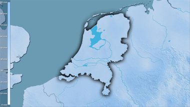 Efsanevi stereografik projeksiyonda Hollanda bölgesindeki en kurak ayın yağışı - koyu parlak dış hatlı raster tabakalarının ham bileşimi