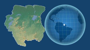 Surinam. Yakınlaştırılmış haritaya karşı ülkenin şekline sahip dünya mavi arka planda izole edilmiş. topografik yardım haritası