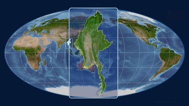 Mollweide projeksiyonundaki küresel bir haritaya karşı Myanmar 'ın perspektif çizgileriyle yakınlaştırılmış görüntüsü. Şekil merkezli. uydu resimleri