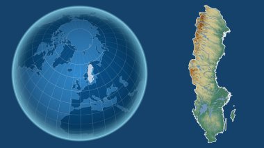 İsveç. Yakınlaştırılmış haritaya karşı ülkenin şekline sahip dünya mavi arka planda izole edilmiş. topografik yardım haritası