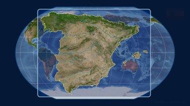 İspanya 'nın, Kavrayskiy projeksiyonundaki küresel haritaya karşı perspektif çizgileriyle yakınlaştırılmış görüntüsü. Şekil merkezli. uydu resimleri