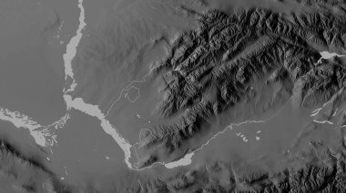 Taşkent, Özbekistan bölgesi. Gölleri ve nehirleri olan gri tonlu bir harita. Ülke alanına göre şekillendirilmiş. 3B görüntüleme
