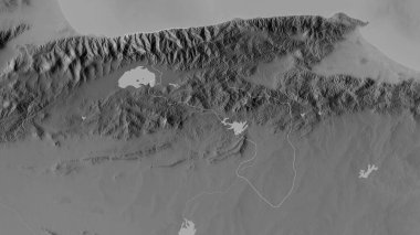 Aragua, Venezuela eyaleti. Gölleri ve nehirleri olan gri tonlu bir harita. Ülke alanına göre şekillendirilmiş. 3B görüntüleme