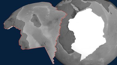 Somalili tektonik plaka yayıldı ve dünyaya karşı sunuldu. Gri tonlama yükseklik haritası. 3B görüntüleme