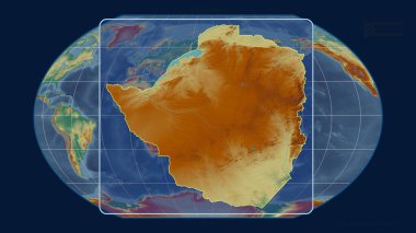 Zimbabwe 'nin, Kavrayskiy projeksiyonundaki küresel haritaya karşı perspektif çizgileriyle yakınlaştırılmış görüntüsü. Şekil merkezli. topografik yardım haritası