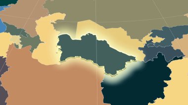 Türkmenistan ve mahallesi. Uzak eğimli perspektif - şekil parlıyordu. idari bölümlerin renk haritası