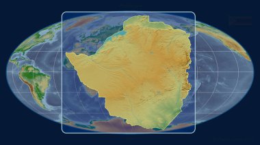 Mollweide projeksiyonundaki küresel bir haritaya karşı Zimbabwe 'nin perspektif çizgileriyle yakınlaştırılmış görüntüsü. Şekil merkezli. renk fiziksel haritası