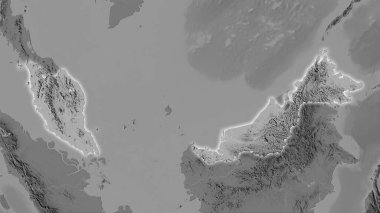 Stereografik projeksiyondaki gri ölçekli yükseklik haritasında Malezya bölgesi - ışık saçan ana hatlı raster tabakalarının ham bileşimi