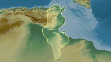 Stereografik projeksiyondaki topografik yardım haritasında Tunus bölgesi - ışık saçan ana hatlı raster tabakalarının ham bileşimi