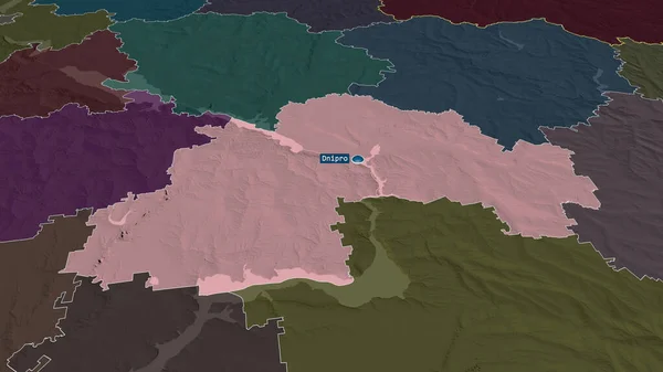 Dnipropetrovs Región Ucrania Acercó Destacó Con Capital Mapa Coloreado Tocado —  Fotos de Stock