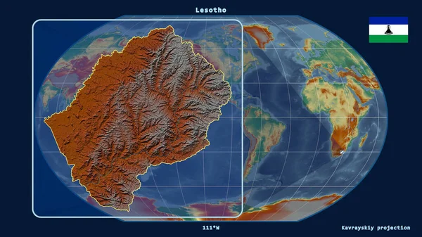 Увеличенный Вид Контура Лесото Перспективными Линиями Против Глобальной Карты Каврайской — стоковое фото