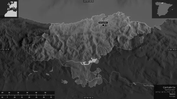 Cantabria, autonomous community of Spain. Grayscaled map with lakes and rivers. Shape presented against its country area with informative overlays. 3D rendering