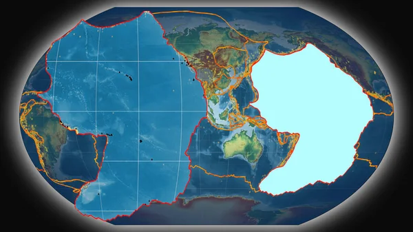 太平洋板块挤压并与Kavrayskiy投影中的全球地形图相对照 3D渲染 — 图库照片