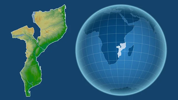 Mozambik Globus Kształcie Kraju Powiększonej Mapie Odizolowanym Zarysem Niebieskim Tle — Zdjęcie stockowe