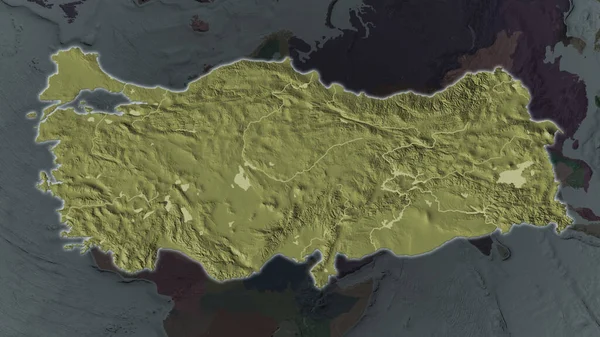 Turkey area enlarged and glowed on a darkened background of its surroundings. Colored and bumped map of the administrative division