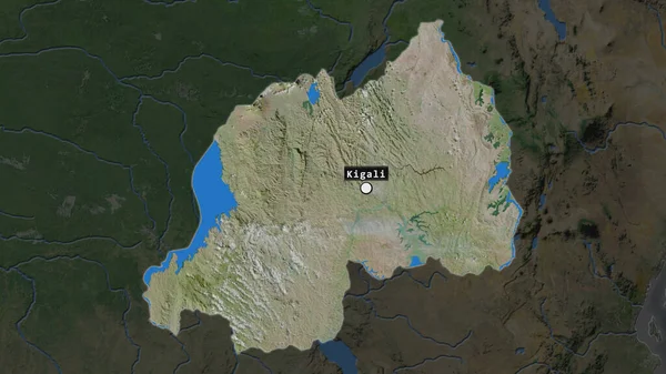 Визначена Територія Руанди Капіталом Позначкою Спустошеній Карті Околиць Супутникові Зображення — стокове фото