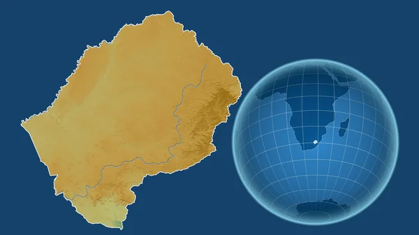 レソトだ 青い背景に孤立した輪郭を持つ拡大地図に対して 国の形をした球体 色物理図 — ストック写真