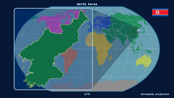 Zoomed Widok Korei Północnej Zarys Linii Perspektywy Wobec Globalnej Mapy — Zdjęcie stockowe