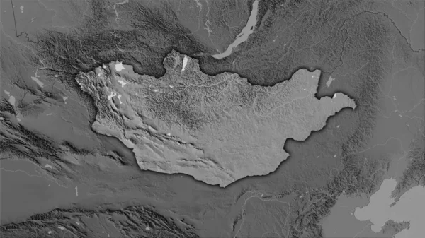 立体予測におけるグレースケール標高マップ上のモンゴル地域 暗い輝線の輪郭を持つラスター層の生の組成 — ストック写真