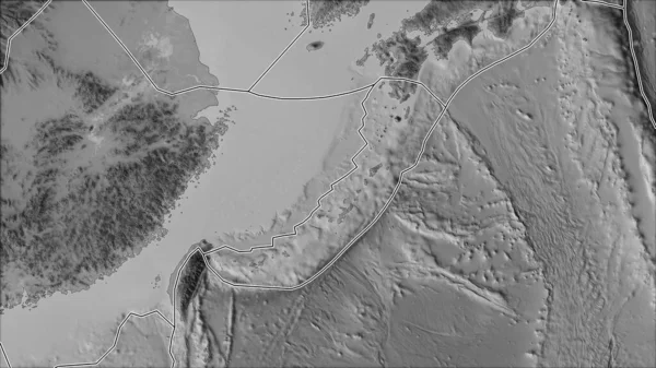 Płyty Tektoniczne Graniczą Mapą Obszarów Przylegających Płyty Okinawa Skali Szarości — Zdjęcie stockowe