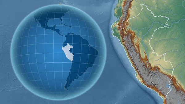 Peru Vagyok Globe Ország Alakja Ellen Zoomolt Térkép Annak Vázlatát — Stock Fotó