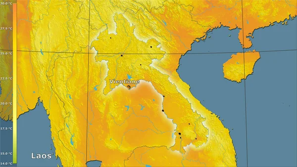 凡例付きの立体投影のラオスエリア内で最も暖かい四半期の平均気温 主な組成 — ストック写真