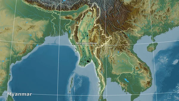 Myanmar area on the topographic relief map in the stereographic projection - main composition