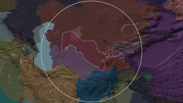 Enlarged area of Uzbekistan surrounded by a circle on the background of its neighborhood. Color map of the administrative division